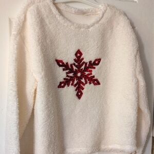 Cozy White Sweater with Red Snowflake Design